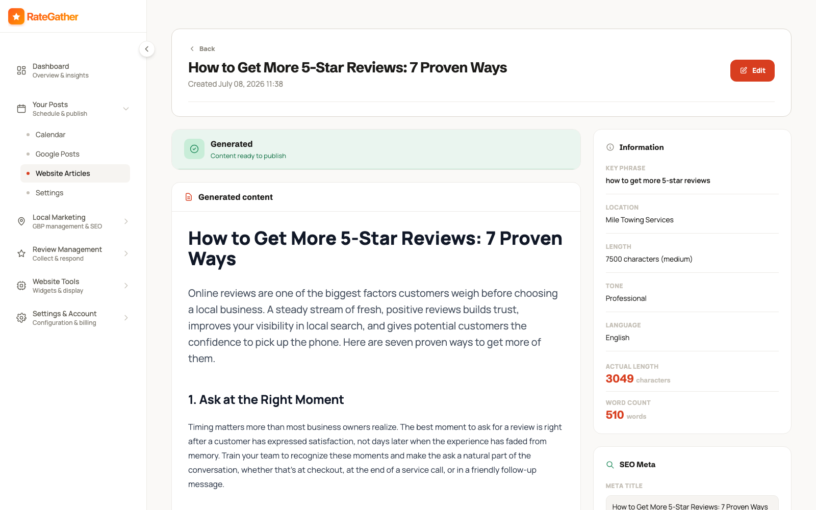 RateGather dashboard — a generated long-form SEO article with keyword and SEO metadata