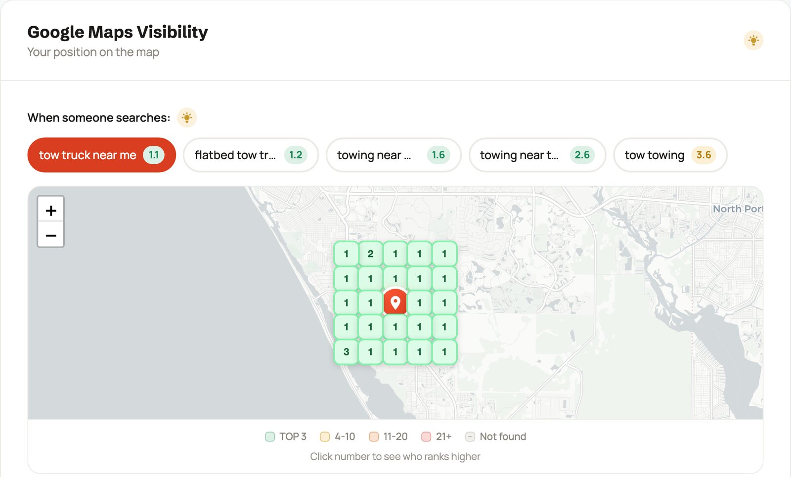 RateGather geo-grid — Google Maps visibility grid showing rank position across a real city map