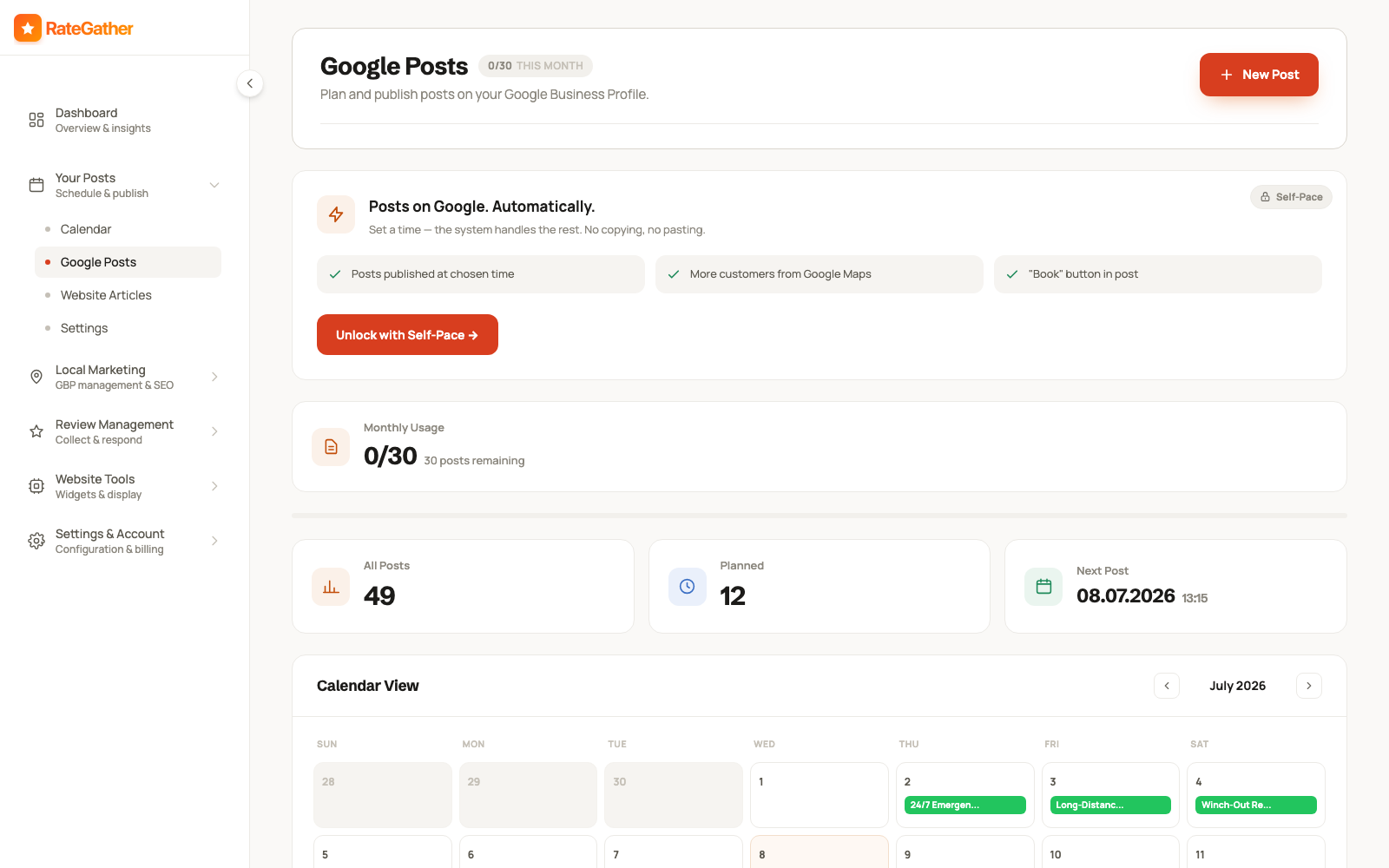 RateGather dashboard — Google Posts scheduler with monthly calendar of auto-published posts