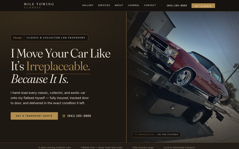 A real RateGather-built client website — the Mile Towing Classic homepage with a tap-to-call number and a Get a Quote button above the fold