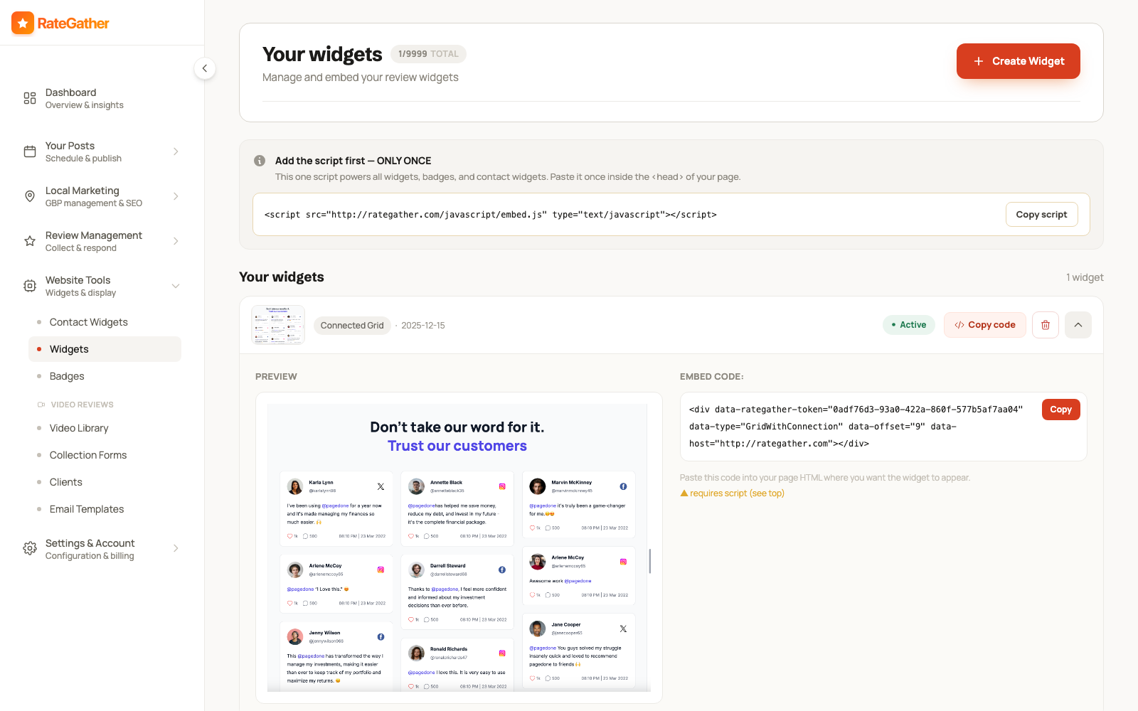 RateGather widgets — a review widget preview with its one-line embed snippet