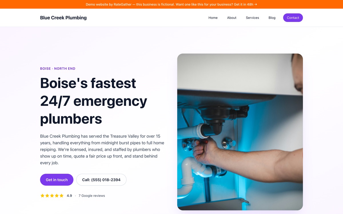 Homepage of the Blue Creek Plumbing demo website