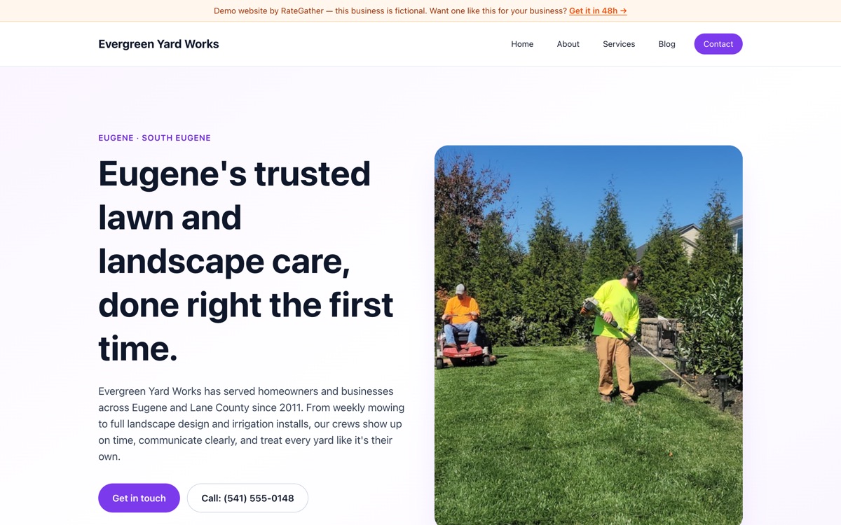 Homepage of the Evergreen Yard Works demo website