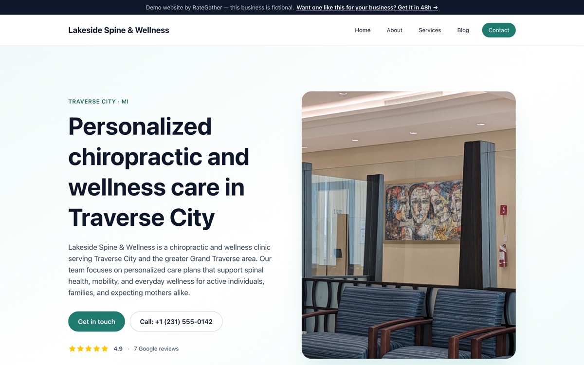 Homepage of the Lakeside Spine & Wellness demo website
