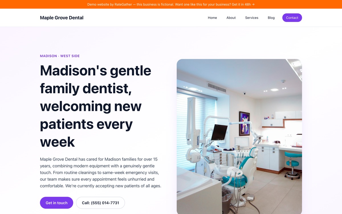Homepage of the Maple Grove Dental demo website