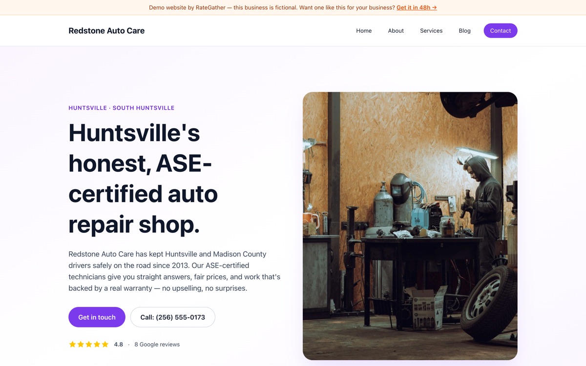 Homepage of the Redstone Auto Care demo website