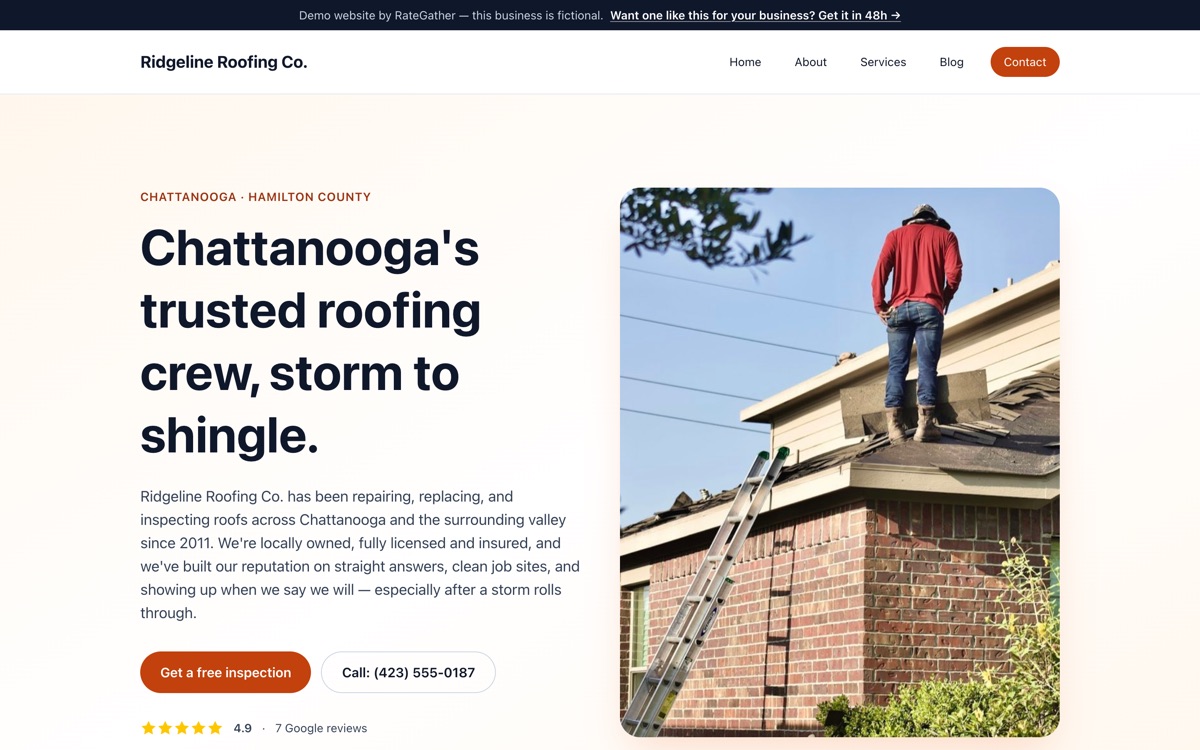 Homepage of the Ridgeline Roofing Co. demo website